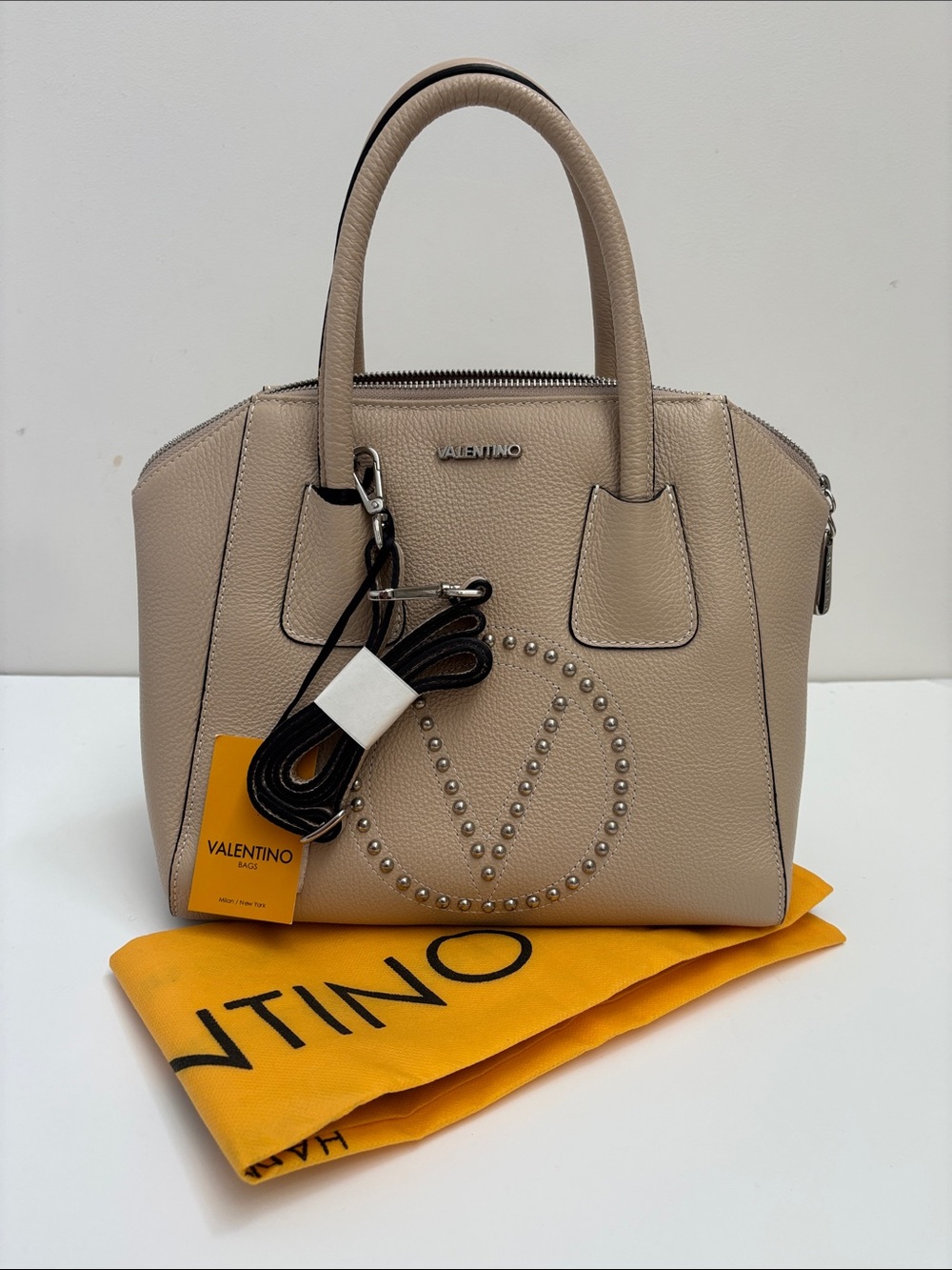 Valentino Taupe Leather Stud-Embellished Satchel